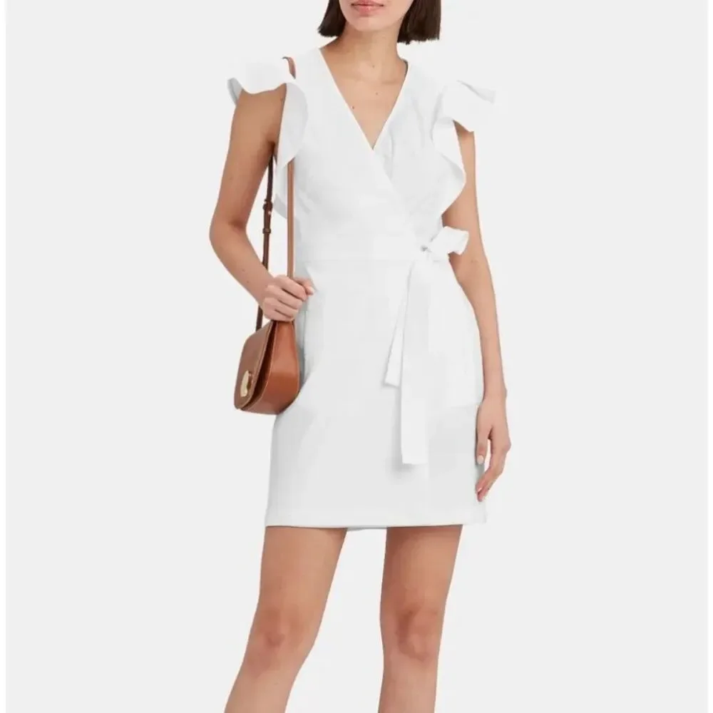 A.L.C. Sidelle white ruffle sleeve wrap dress 10 linen stretch V-neck mini Short - Picture 2 of 16